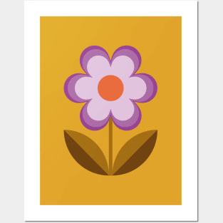 Retro mid century flowers in mustard yellow and lilac Posters and Art